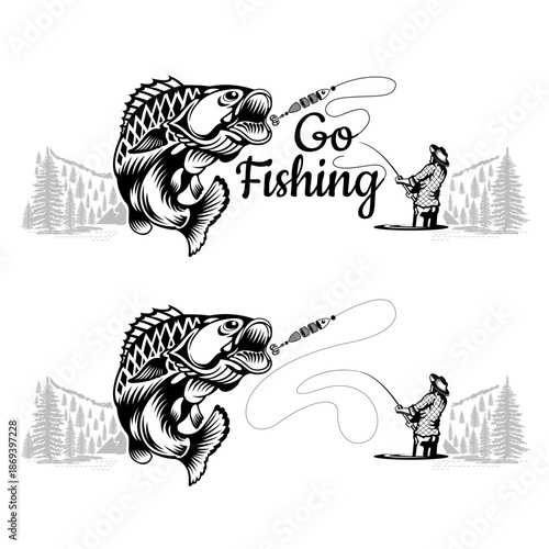 Perch Jumping Chasing a Fishing Lure. Fisherman With Fishing Rod On Nature Landscape. Monochrome Vector Illustration