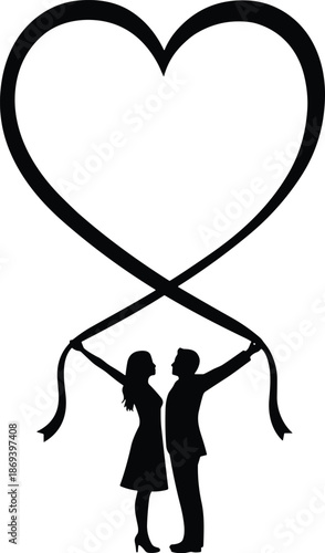 Romantic couple holding heart shaped ribbon silhouette illustration loving man and woman unity love symbol black vector design