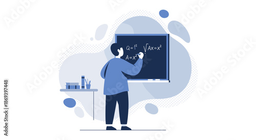 Man Writing on Blackboard with Chalk.