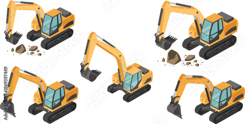 Isometric excavator construction vehicles set, yellow heavy machinery for digging earthmoving and infrastructure development illustration isolated