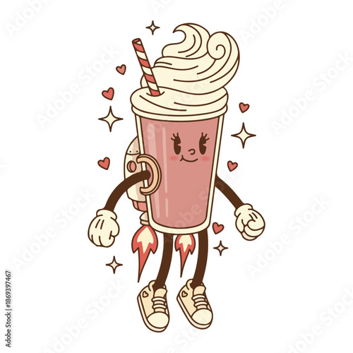 Milkshake Boy With a Retro Rocket Pack illustration, Retro Valentine Clipart, Cute Heart Characters, Vintage Valentine Graphics, Kawaii Love Clipart