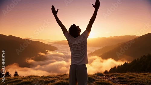 Wallpaper Mural Person Celebrating Sunrise on Mountain Top with Open Arms. Torontodigital.ca
