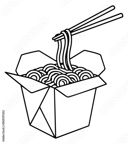 Hand drawn line art illustration of a takeout noodle box with chopsticks depicting noodles being lifted for a fast food concept