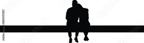 Romantic couple silhouette sitting together on bench peaceful love moment intimacy relationship minimal black vector illustration