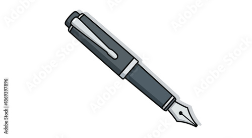 Simplified digital drawing of a classic fountain pen illustrating writing instrument design with minimalistic style and monochrome color scheme for