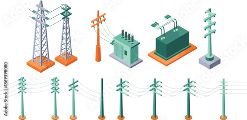 Isometric electrical infrastructure icons set, power poles pylons transformers, electricity transmission and distribution network, utility grid elements, vector illustration