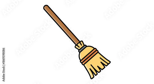 Simple cartoon broom illustration depicting cleaning tool used for sweeping floors and surfaces with a wooden handle and straw head in a
