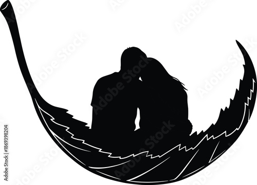 Romantic couple sitting inside crescent leaf silhouette illustration loving man and woman fantasy nature scene black vector design