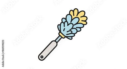 Cleaning tool illustration featuring a scrubbing brush with a handle and colorful bristles capturing domestic cleaning equipment