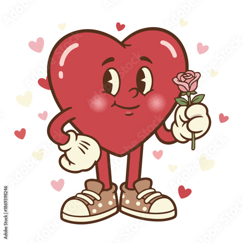 Shy Heart Boy Holding  illustration, Retro Valentine Clipart, Cute Heart Characters, Vintage Valentine Graphics, Kawaii Love Clipart