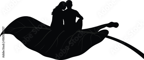 Romantic couple sitting on giant leaf silhouette illustration loving man and woman nature fantasy scene black vector design