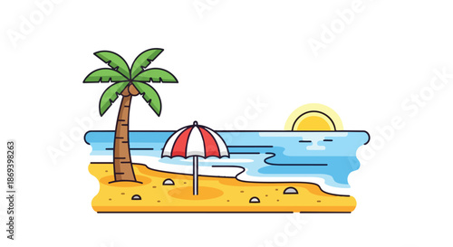 Colorful beach scene with palm tree, umbrella, and calm ocean waves under a bright sun