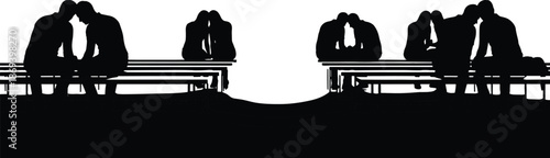 Romantic couple silhouettes sitting closely on park benches expressing love intimacy and relationships in minimalist black vector illustration