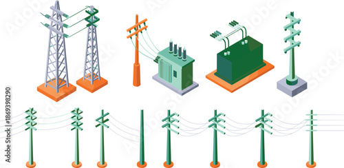 Isometric electrical infrastructure icons set, power poles pylons transformers, electricity transmission and distribution network, utility grid elements, vector illustration