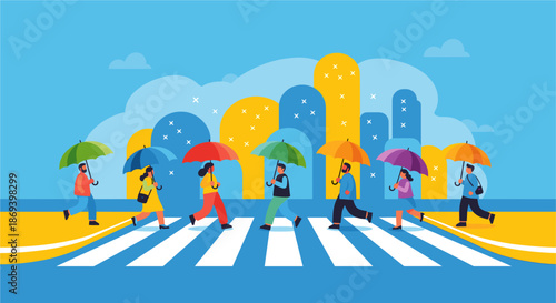 People Crossing Street with Umbrellas.