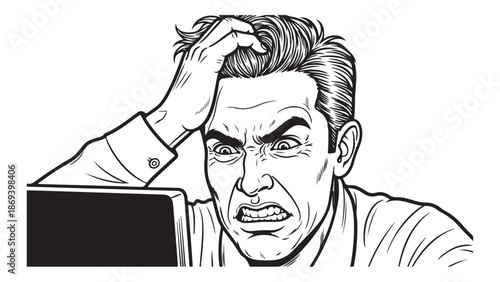 Man Raging at Computer Screen, Line Art Illustration