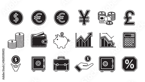 Black and White Financial Icons Collection on White Background