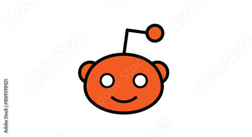 Cute cartoon Reddit mascot face with an orange head, white eyes, small ears, a smiling expression, and a playful antenna on a plain white background