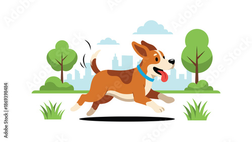 Flat vector illustration of a happy dog running in a green city park, playful pet activity scene with trees, grass, and joyful movement in clean solid color style