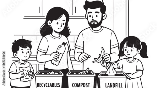 Monochrome Line Art Family Waste Sorting and Recycling Illustration
