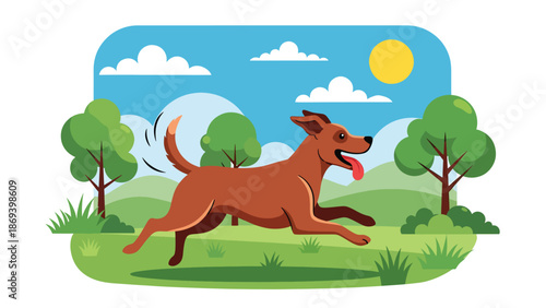 Flat vector illustration of a happy dog running in a green city park, playful pet activity scene with trees, grass, and joyful movement in clean solid color style