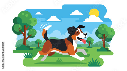 Flat vector illustration of a happy dog running in a green city park, playful pet activity scene with trees, grass, and joyful movement in clean solid color style