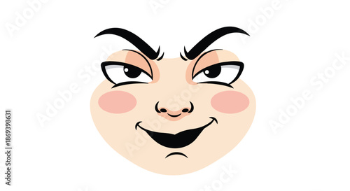 Whimsical cartoon face with mischievous expression featuring bold eyebrows and playful smirk conveying cheeky attitude and lively personality in a