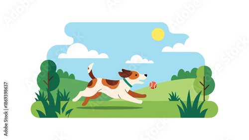 Vector illustration of a dog playing fetch in an open field, energetic pet exercise scene with ball, grass, and outdoor fun in flat solid color style