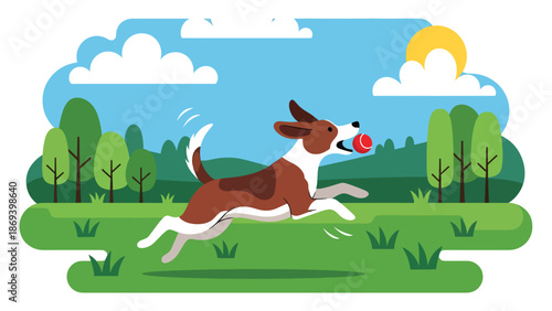 Vector illustration of a dog playing fetch in an open field, energetic pet exercise scene with ball, grass, and outdoor fun in flat solid color style
