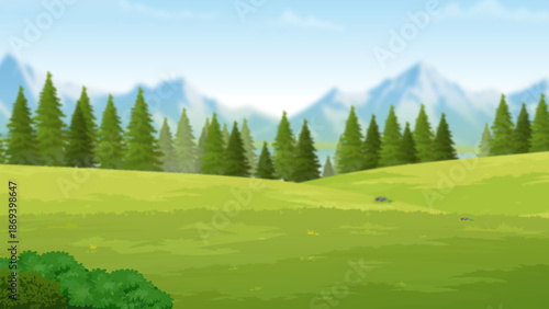Scenic Green Meadow with Pine Trees and Snowy Mountains Illustration