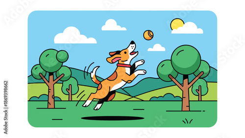 Vector illustration of a dog playing fetch in an open field, energetic pet exercise scene with ball, grass, and outdoor fun in flat solid color style