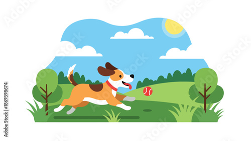 Vector illustration of a dog playing fetch in an open field, energetic pet exercise scene with ball, grass, and outdoor fun in flat solid color style