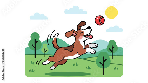 Vector illustration of a dog playing fetch in an open field, energetic pet exercise scene with ball, grass, and outdoor fun in flat solid color style