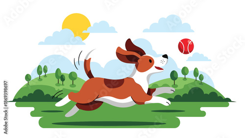 Vector illustration of a dog playing fetch in an open field, energetic pet exercise scene with ball, grass, and outdoor fun in flat solid color style