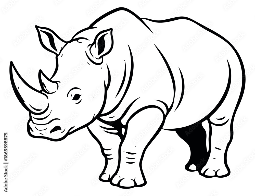 Fototapeta premium Hand drawn line art illustration of a rhinoceros depicting a standing pose for wildlife projects