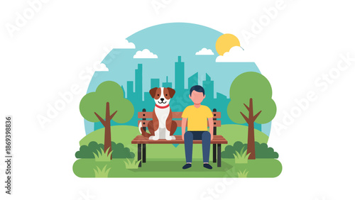 Flat vector illustration of a dog sitting calmly beside its owner on a park bench, peaceful pet companionship scene with trees and relaxed outdoor lifestyle