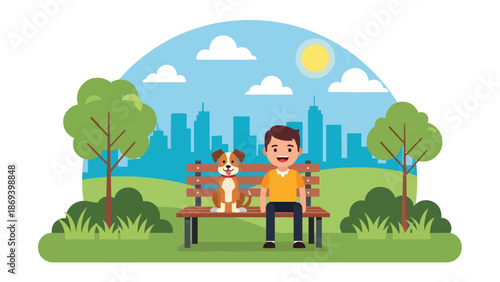 Flat vector illustration of a dog sitting calmly beside its owner on a park bench, peaceful pet companionship scene with trees and relaxed outdoor lifestyle