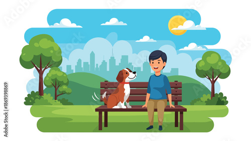Flat vector illustration of a dog sitting calmly beside its owner on a park bench, peaceful pet companionship scene with trees and relaxed outdoor lifestyle