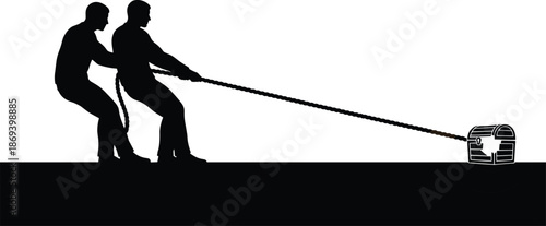 Teamwork pulling treasure chest silhouette illustration two men cooperation strength effort success concept black vector design for business