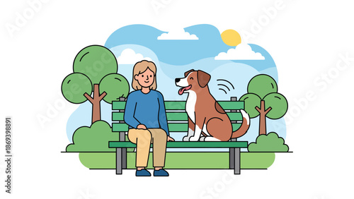Flat vector illustration of a dog sitting calmly beside its owner on a park bench, peaceful pet companionship scene with trees and relaxed outdoor lifestyle