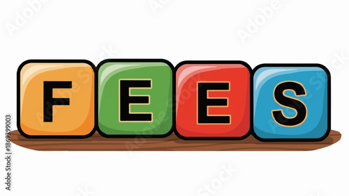 Four colorful alphabet blocks spelling out "FEES" on a wooden ledge