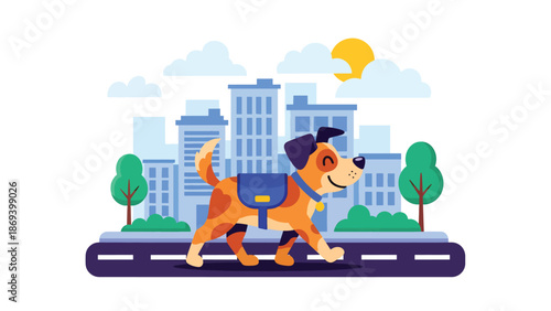 Vector illustration of a dog walking in the city, daily pet routine scene with urban background, responsible ownership concept in flat solid colors