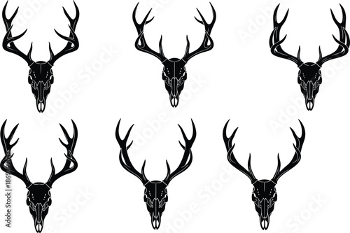 Stylized deer skull vector set with antlers, black silhouette illustration for tattoo, logo, hunting, tribal, gothic, and design themes