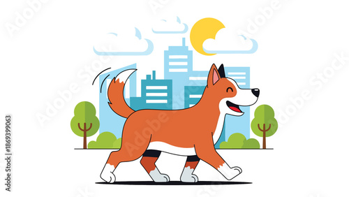 Vector illustration of a dog walking in the city, daily pet routine scene with urban background, responsible ownership concept in flat solid colors