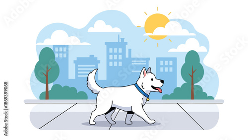 Vector illustration of a dog walking in the city, daily pet routine scene with urban background, responsible ownership concept in flat solid colors