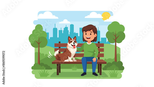 Flat vector illustration of a dog sitting calmly beside its owner on a park bench, peaceful pet companionship scene with trees and relaxed outdoor lifestyle