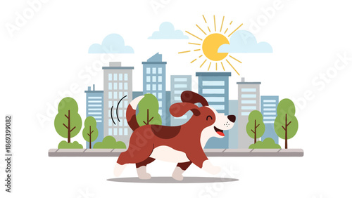 Vector illustration of a dog walking in the city, daily pet routine scene with urban background, responsible ownership concept in flat solid colors