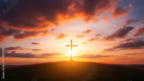 Christian Cross on Hill at Sunset with Golden Light and Dramatic Sky