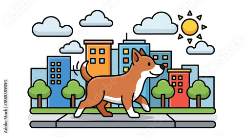 Vector illustration of a dog walking in the city, daily pet routine scene with urban background, responsible ownership concept in flat solid colors