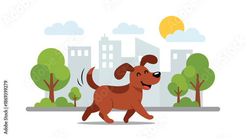 Vector illustration of a dog walking in the city, daily pet routine scene with urban background, responsible ownership concept in flat solid colors